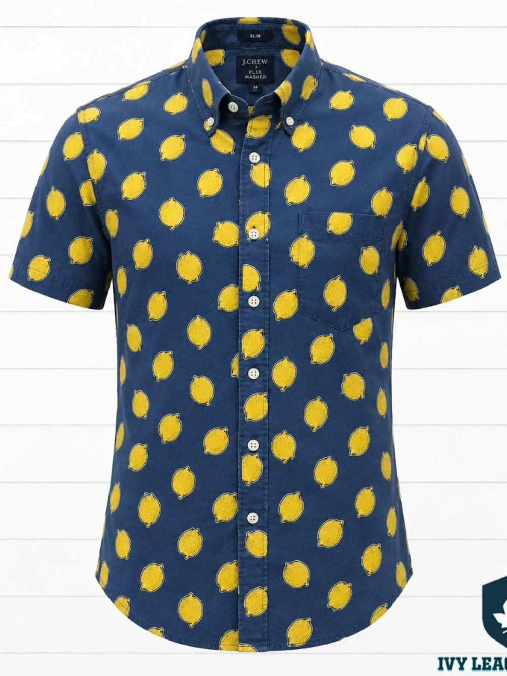 J.Crew Flex Washed Lemon Print Button Down Shirt Navy Yellow Slim Fit Mens Small